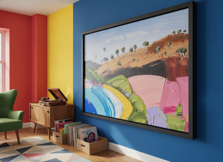 Bold wall art styled in a colourful, eclectic modern home
