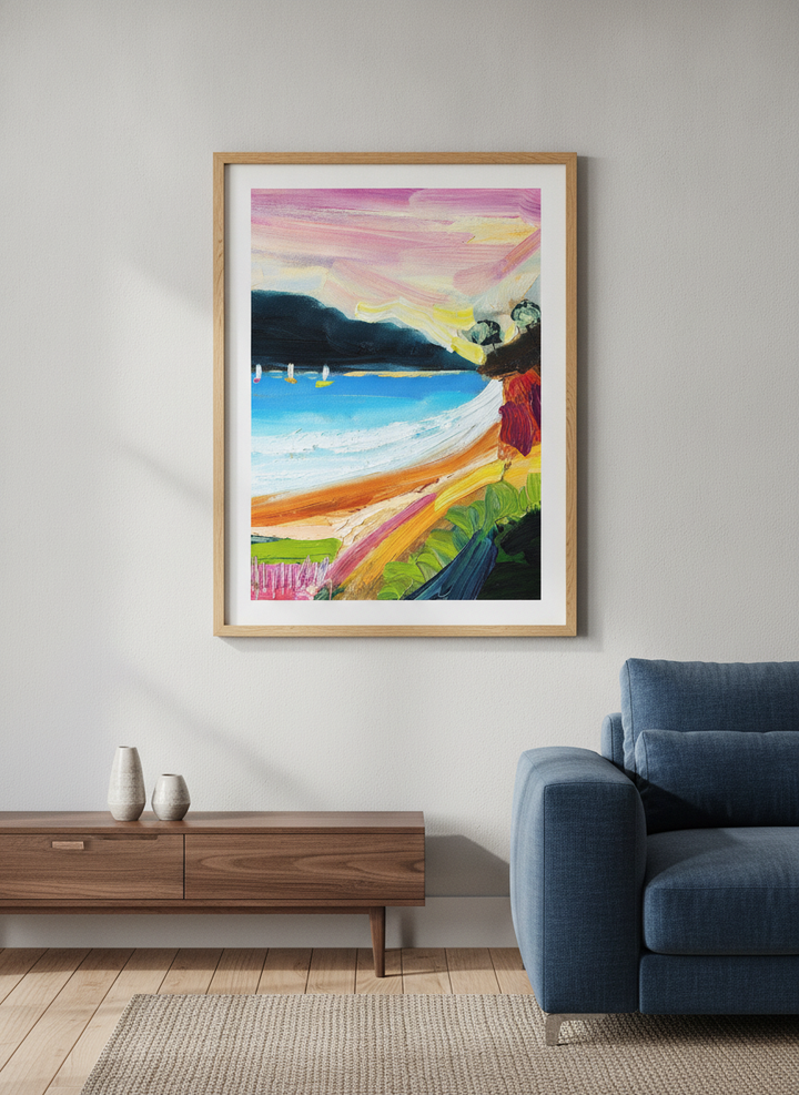 Modern wall art styled above a sofa in a neutral living room