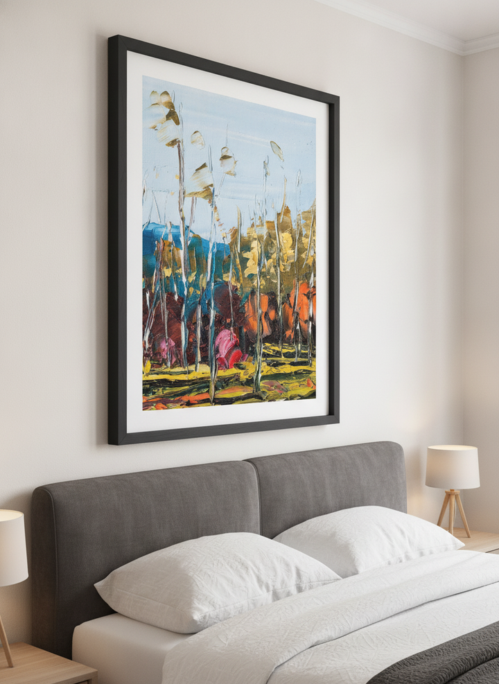 Minimalist artwork displayed in a calm, light-filled bedroom interior