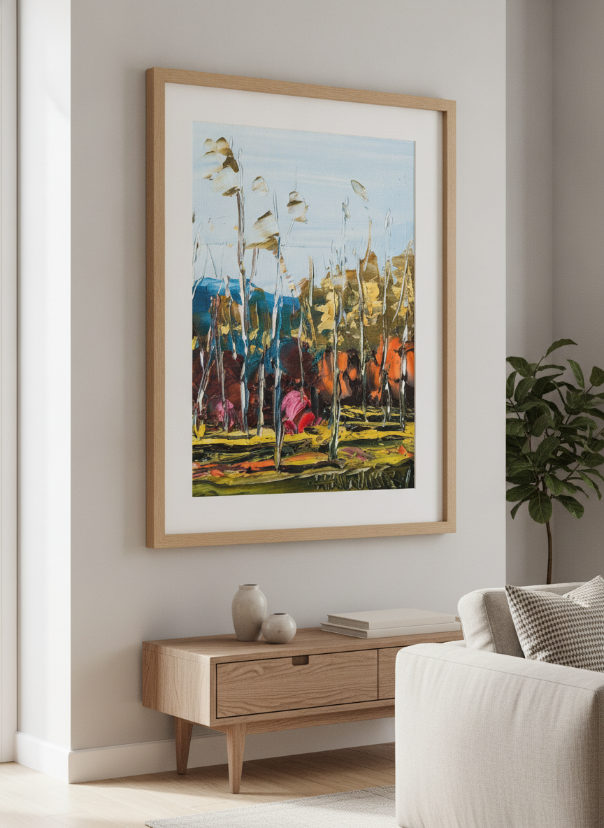 Modern wall art styled above a sofa in a neutral living room
