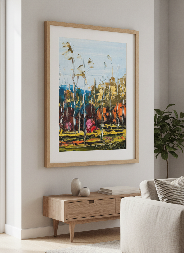 Modern wall art styled above a sofa in a neutral living room