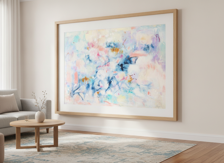 Modern wall art styled above a sofa in a neutral living room