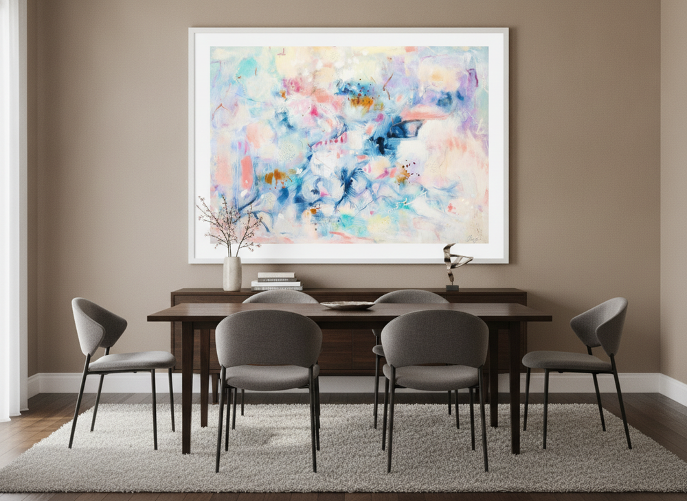 Monumental artwork centred on a feature wall in a luxe interior