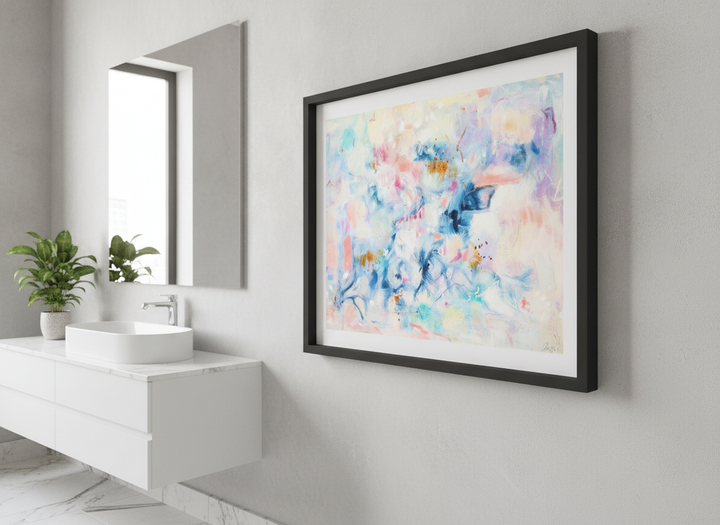 Modern print displayed in a clean minimalist bathroom setting