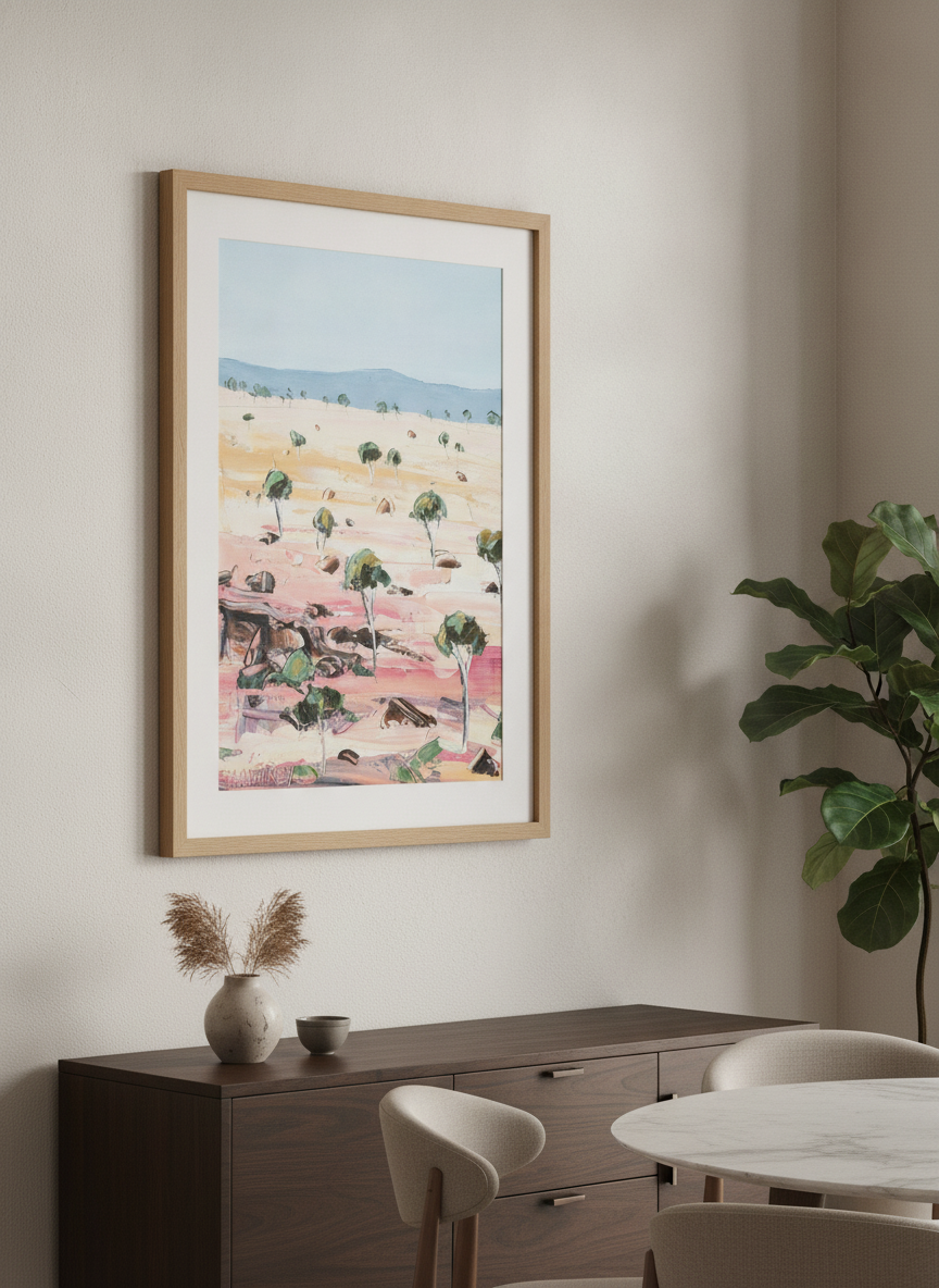 Wall art styled above a dining table in a contemporary home