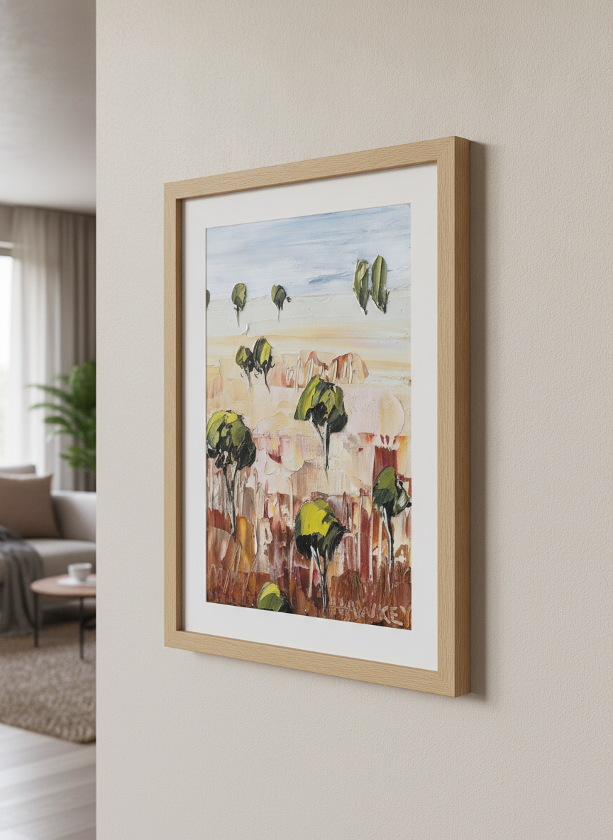 Modern wall art styled above a sofa in a neutral living room