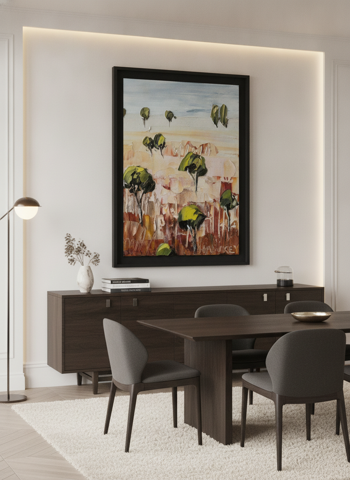 Monumental artwork centred on a feature wall in a luxe interior
