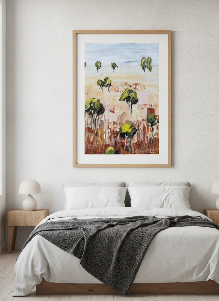 Minimalist artwork displayed in a calm, light-filled bedroom interior