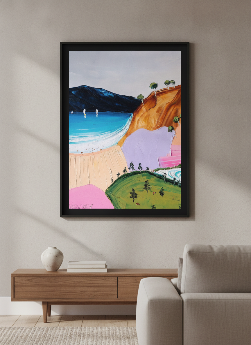Modern wall art styled above a sofa in a neutral living room