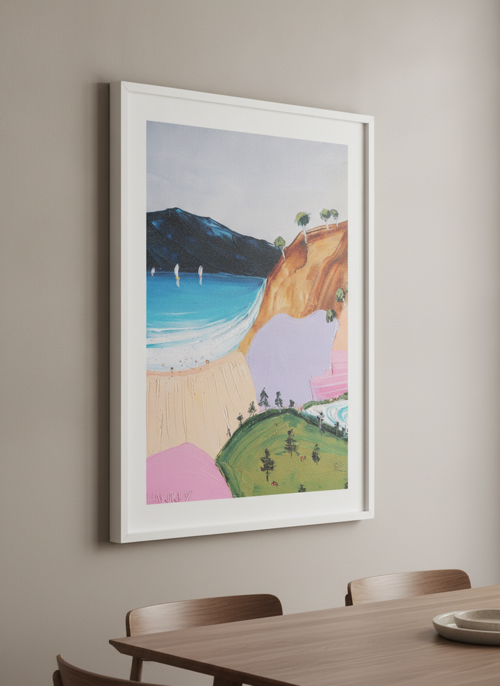Wall art styled above a dining table in a contemporary home