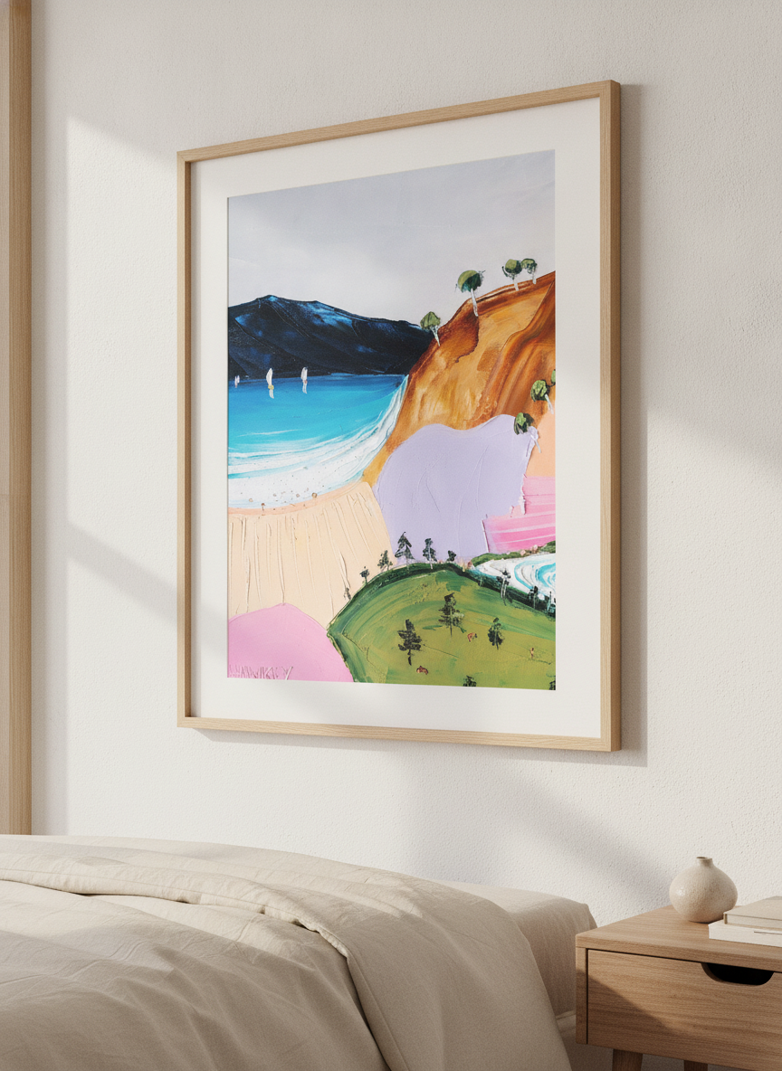 Minimalist artwork displayed in a calm, light-filled bedroom interior