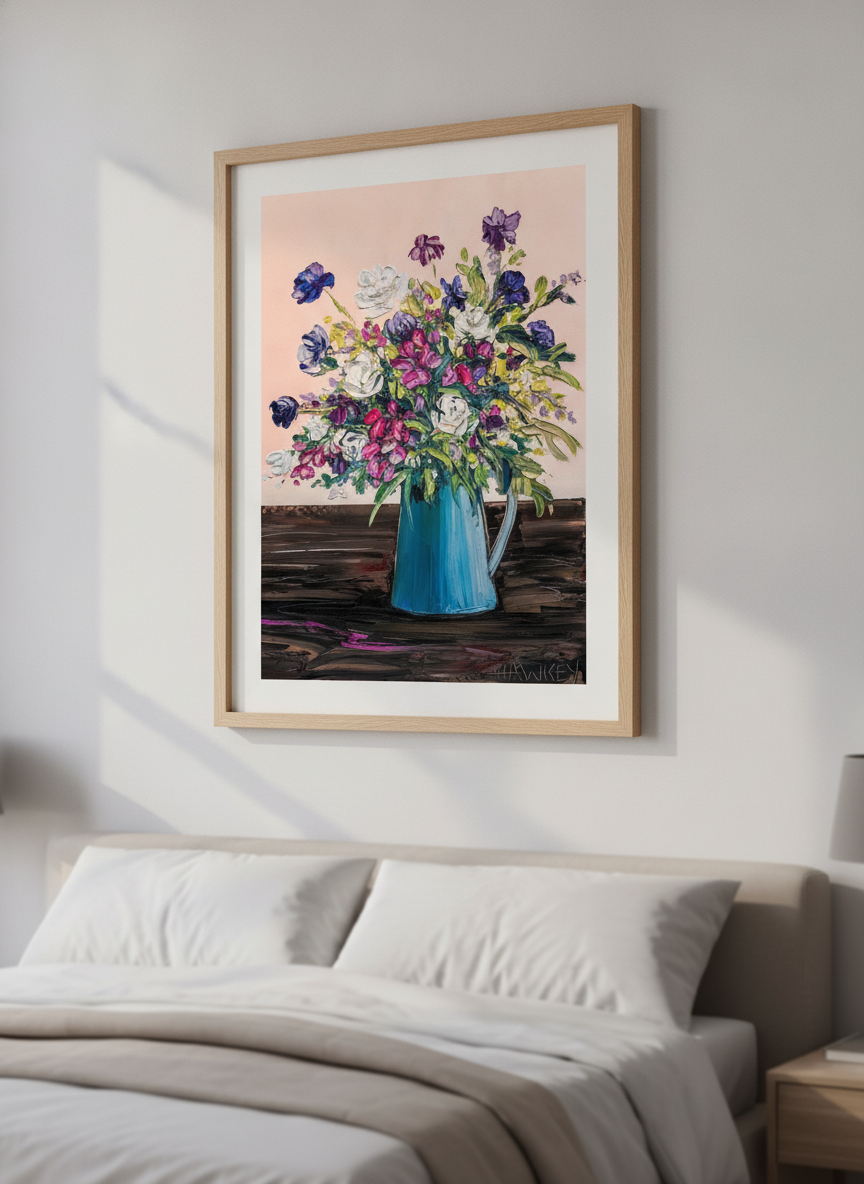 Minimalist artwork displayed in a calm, light-filled bedroom interior