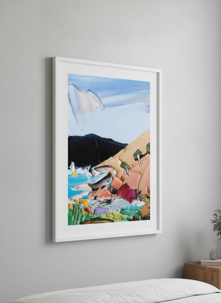 Minimalist artwork displayed in a calm, light-filled bedroom interior