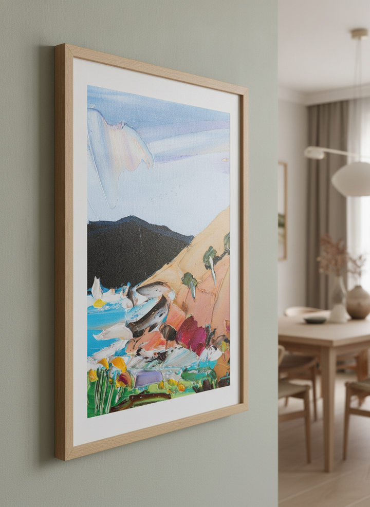 Wall art styled above a dining table in a contemporary home