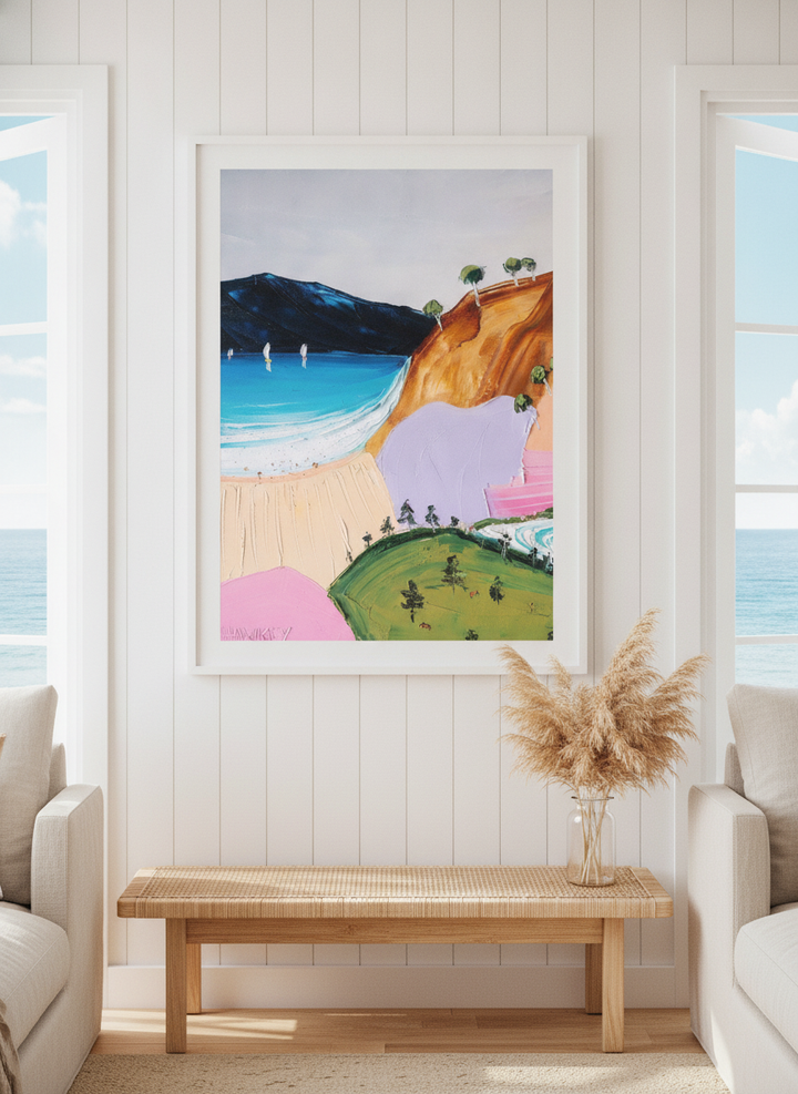 Neutral wall art displayed in a sunny coastal beach house