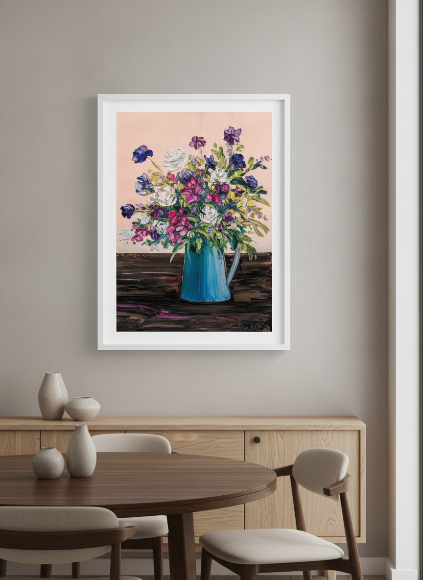 Wall art styled above a dining table in a contemporary home
