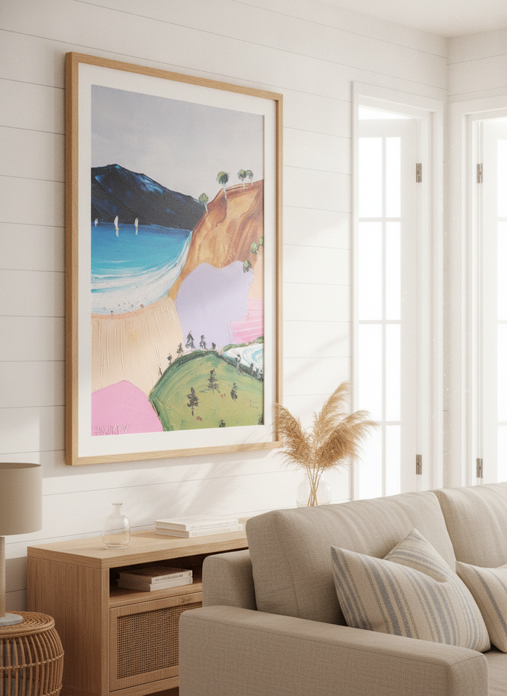 Neutral wall art displayed in a sunny coastal beach house