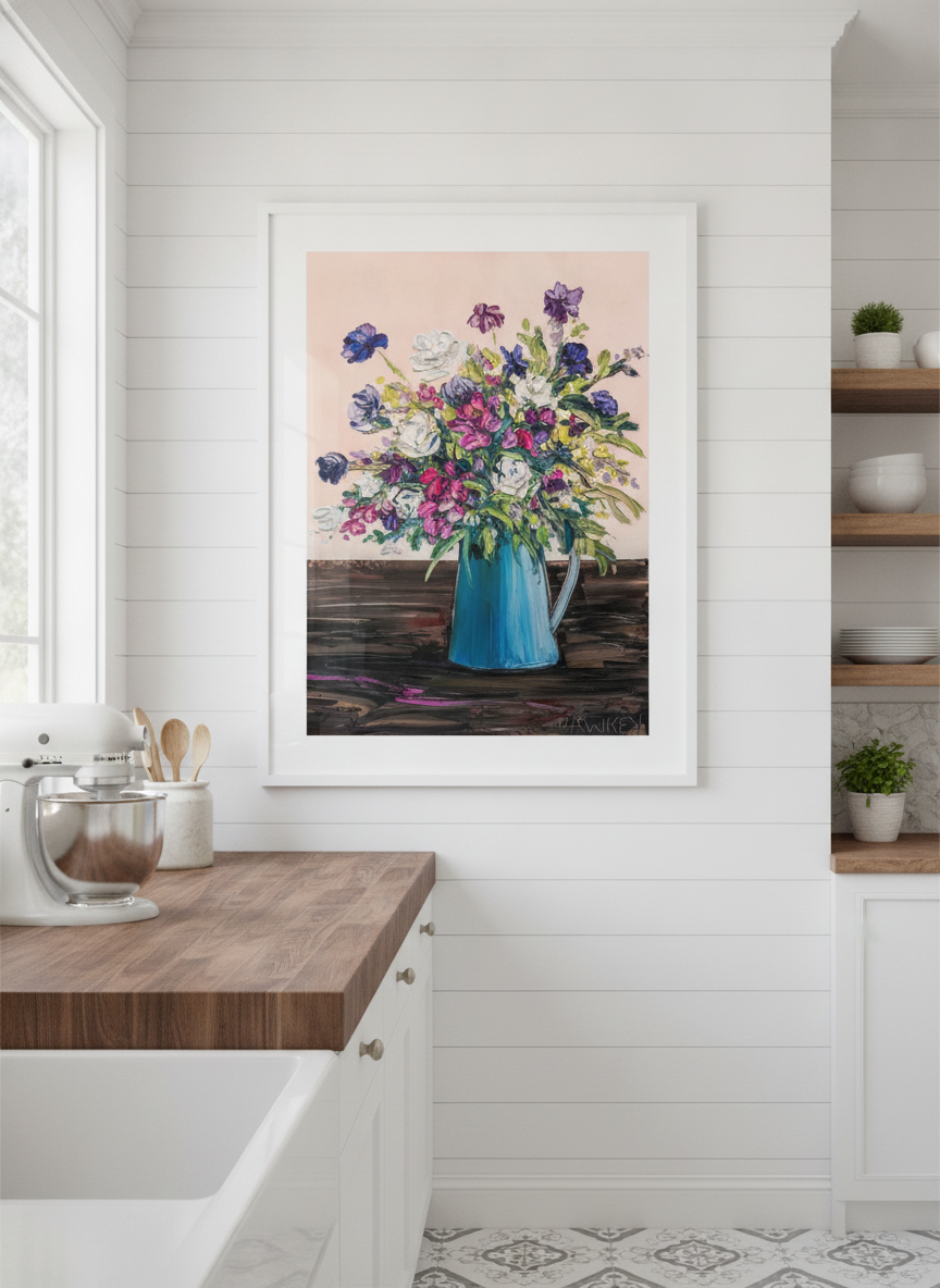 Artwork styled on the wall of a bright modern kitchen