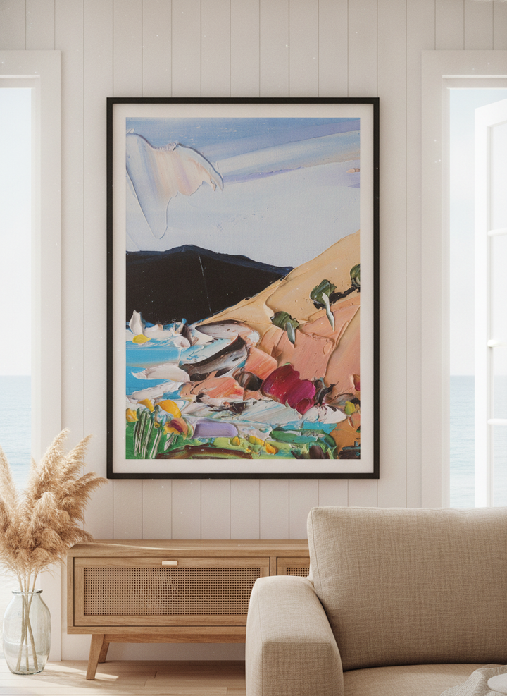 Neutral wall art displayed in a sunny coastal beach house