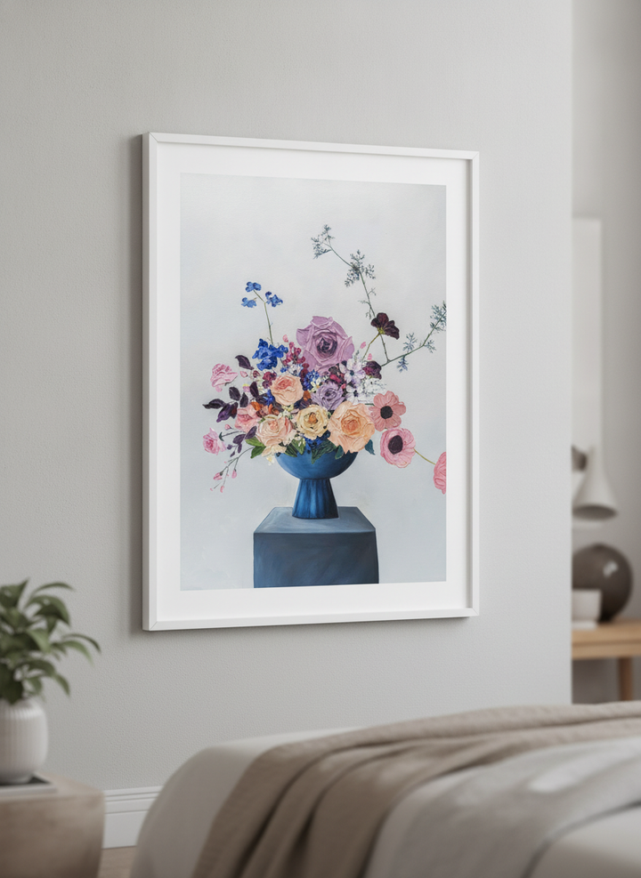 Minimalist artwork displayed in a calm, light-filled bedroom interior