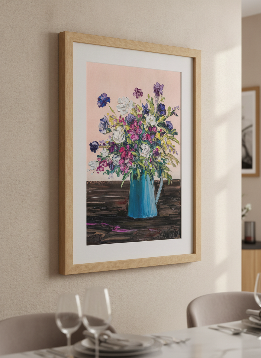 Wall art styled above a dining table in a contemporary home