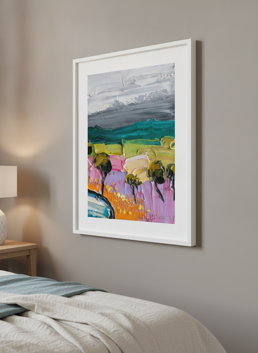 Minimalist artwork displayed in a calm, light-filled bedroom interior