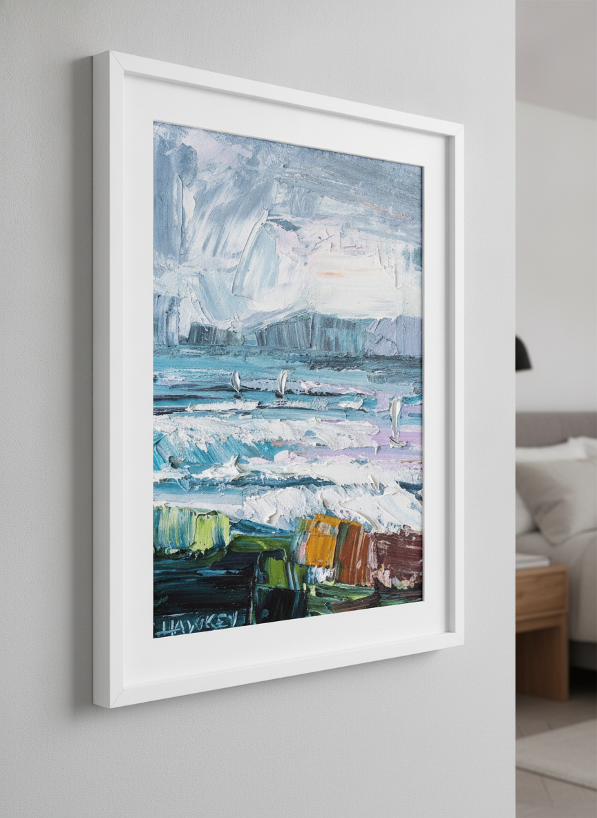 Minimalist artwork displayed in a calm, light-filled bedroom interior