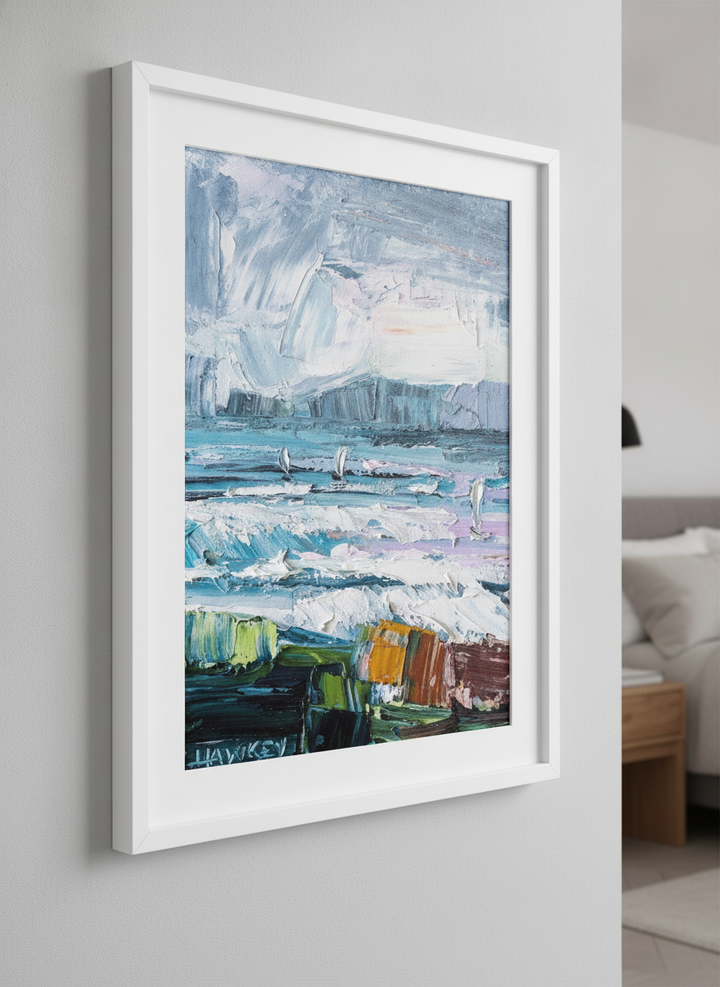 Minimalist artwork displayed in a calm, light-filled bedroom interior