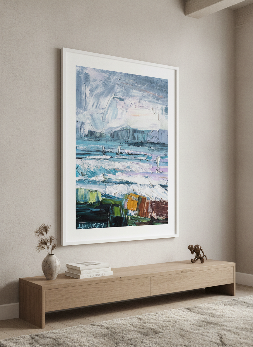 Monumental artwork centred on a feature wall in a luxe interior