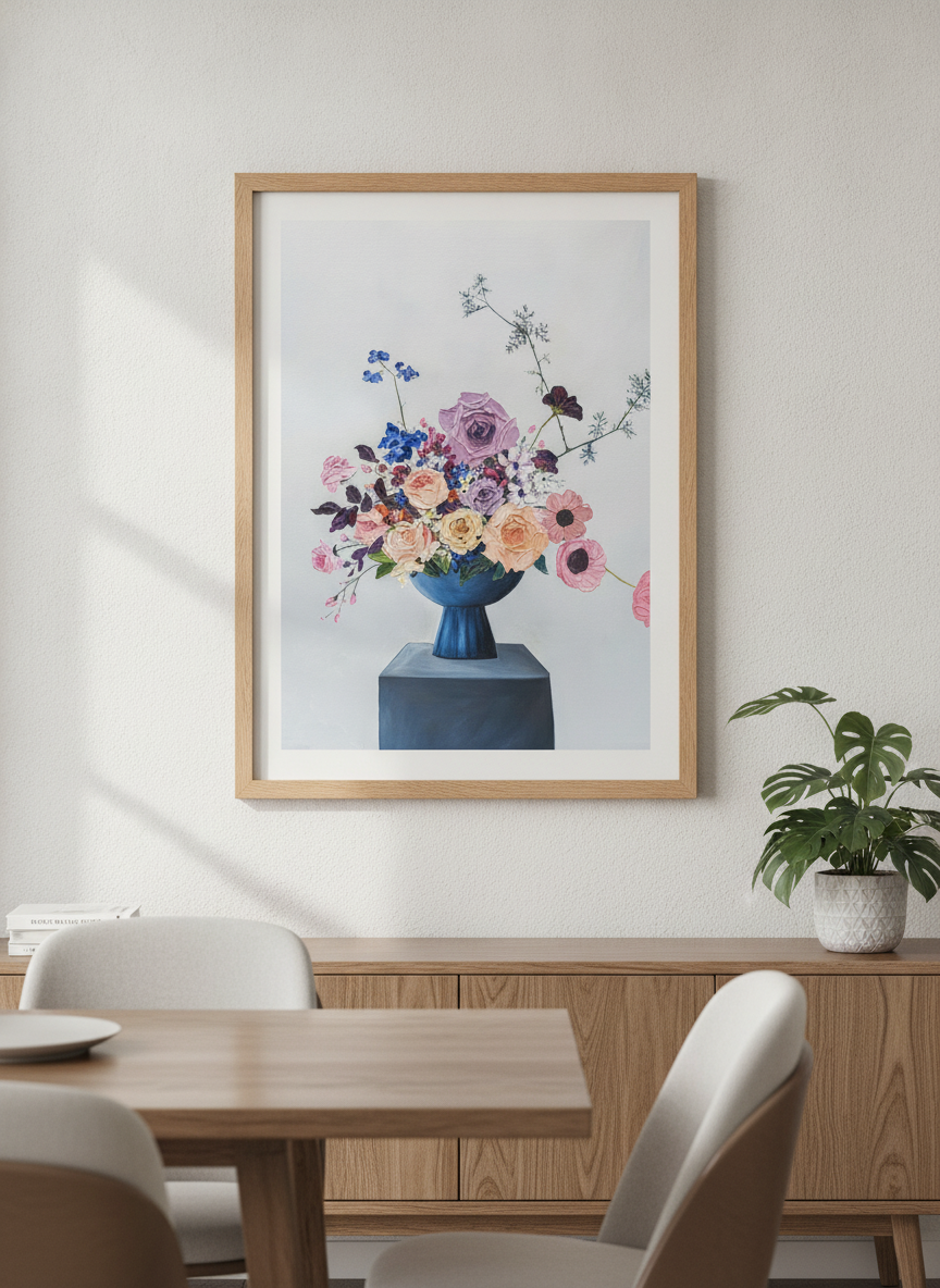 Wall art styled above a dining table in a contemporary home