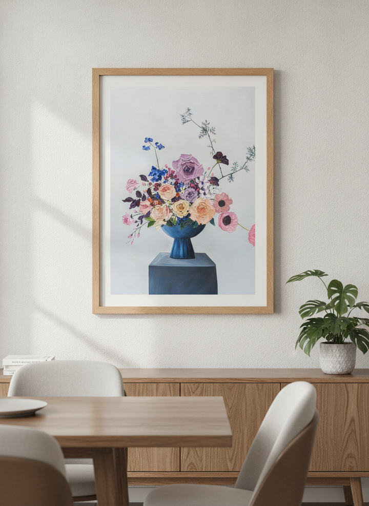 Wall art styled above a dining table in a contemporary home