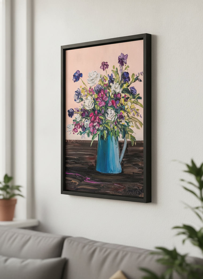Modern wall art styled above a sofa in a neutral living room