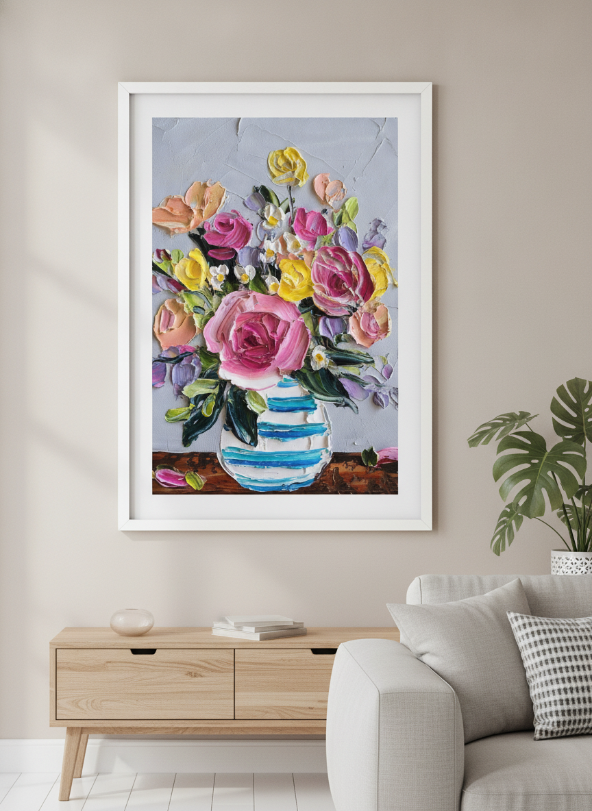 Modern wall art styled above a sofa in a neutral living room