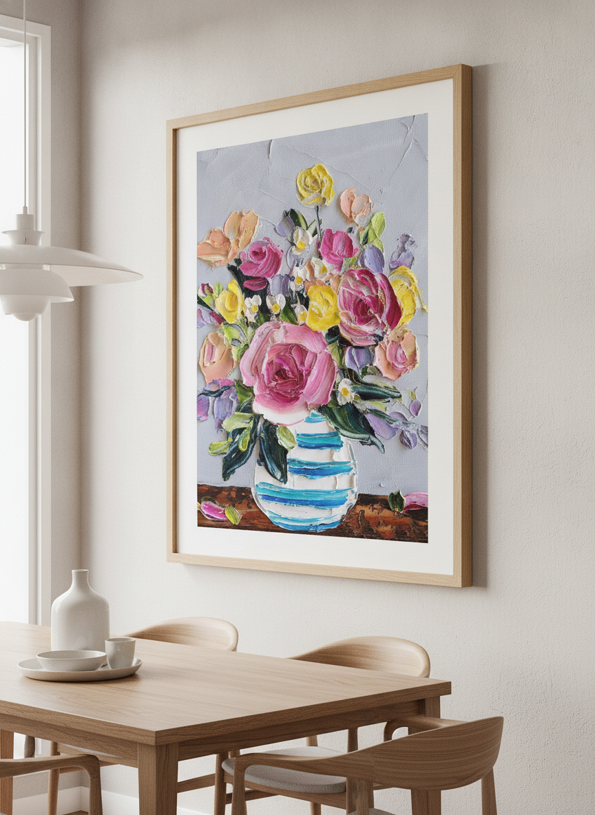 Wall art styled above a dining table in a contemporary home