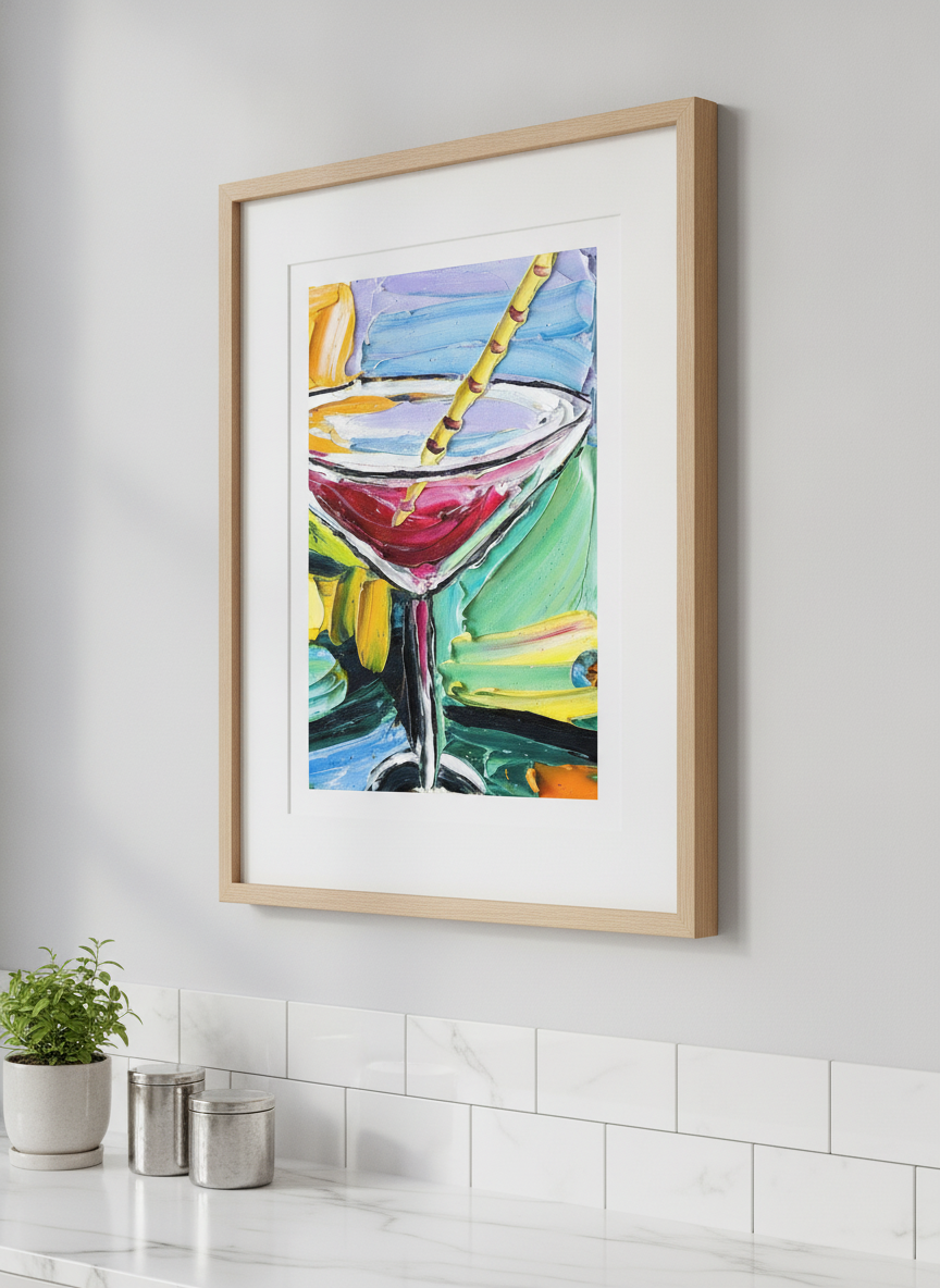 Artwork styled on the wall of a bright modern kitchen