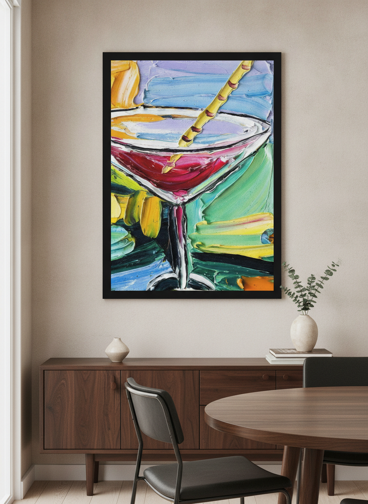 Wall art styled above a dining table in a contemporary home