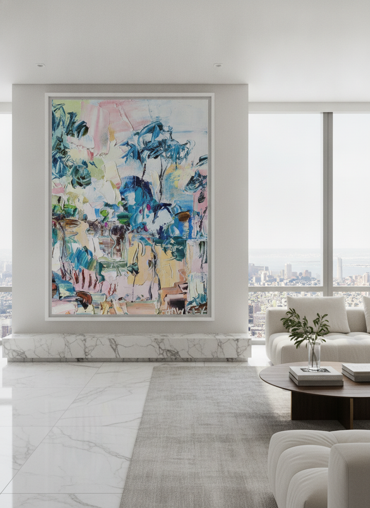 Monumental artwork centred on a feature wall in a luxe interior