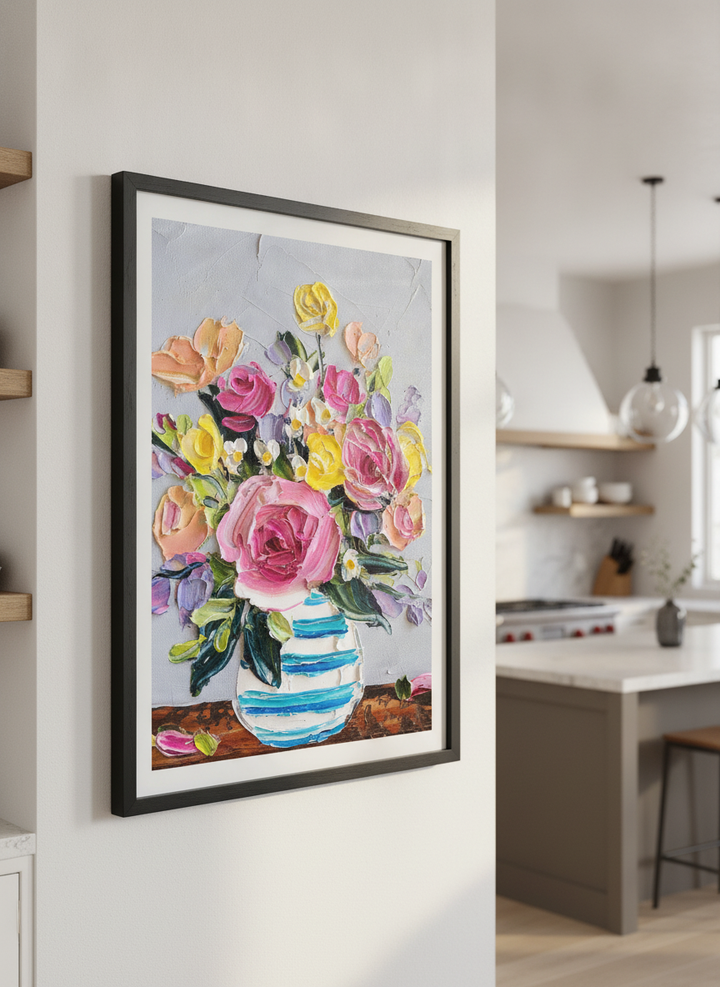 Artwork styled on the wall of a bright modern kitchen