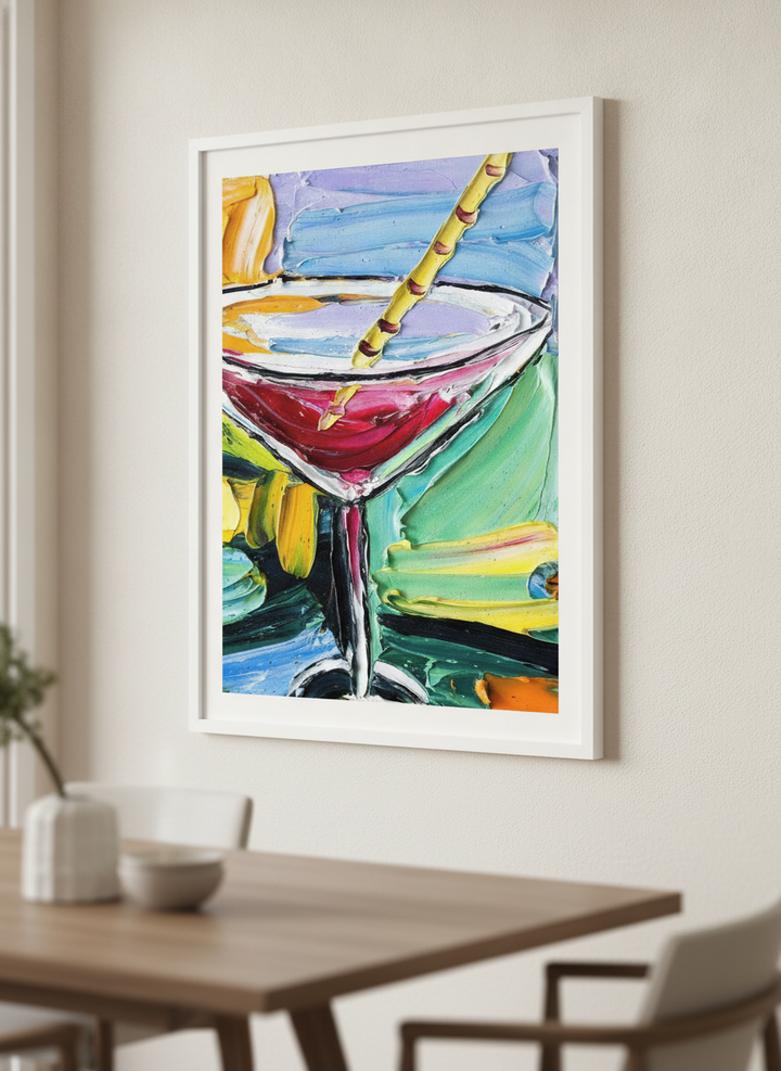 Wall art styled above a dining table in a contemporary home