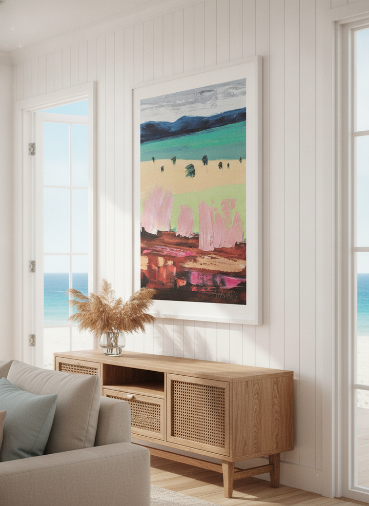 Neutral wall art displayed in a sunny coastal beach house