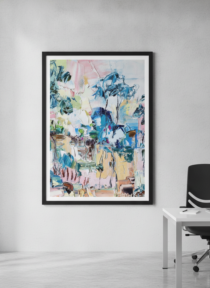 Contemporary wall art featured in a bright modern office workspace