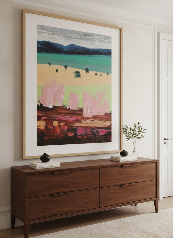 Monumental artwork centred on a feature wall in a luxe interior