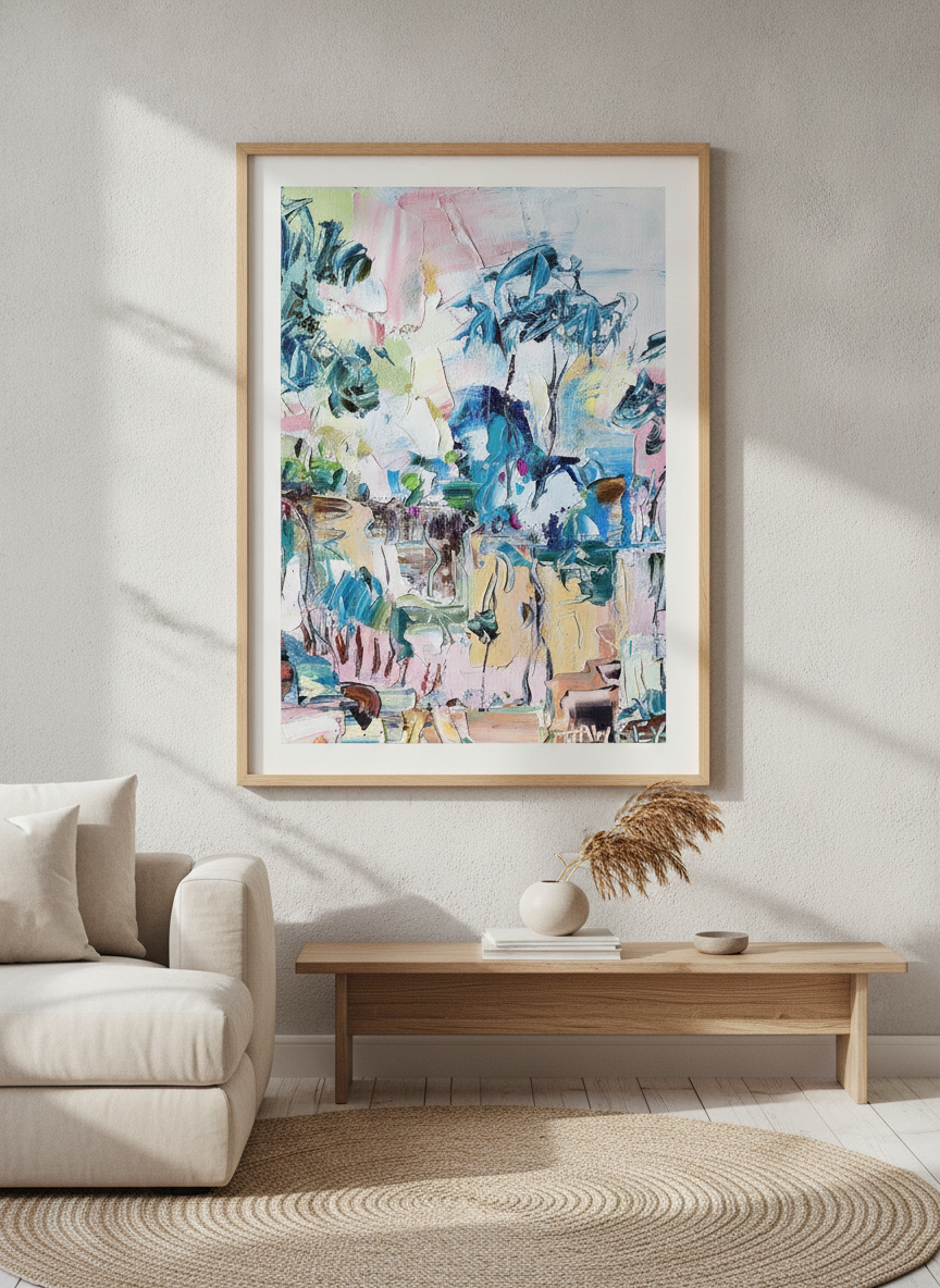 Modern wall art styled above a sofa in a neutral living room