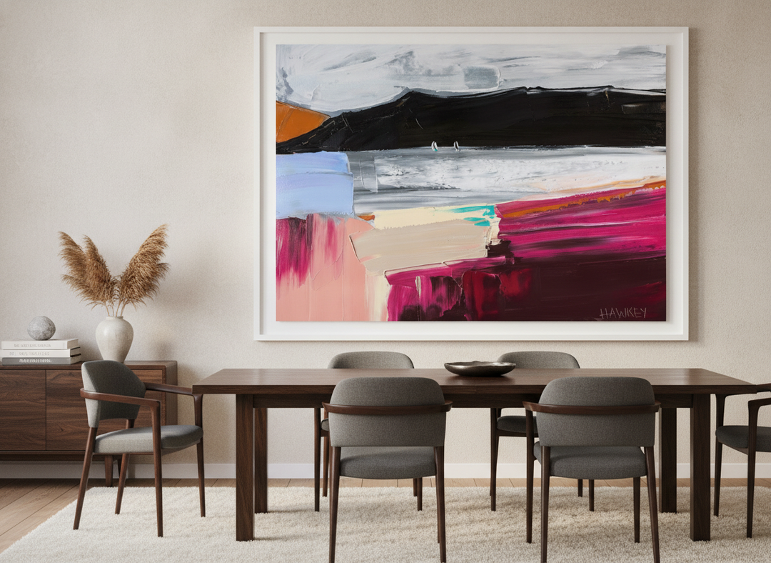 Monumental artwork centred on a feature wall in a luxe interior