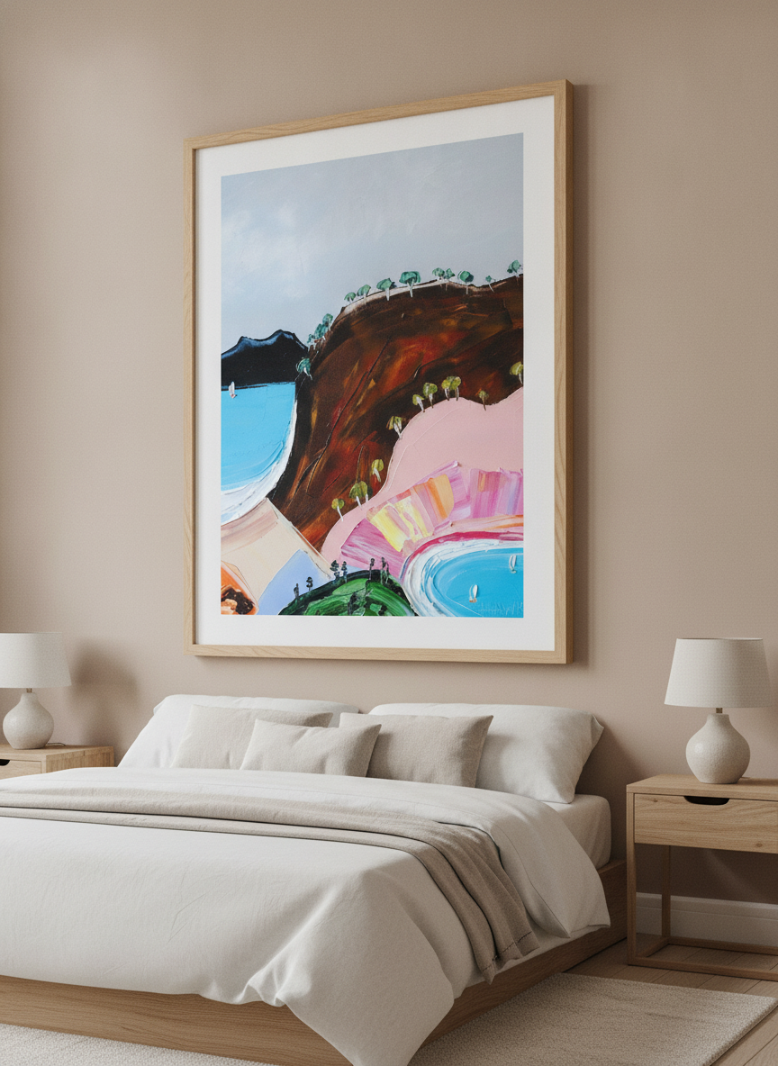 Minimalist artwork displayed in a calm, light-filled bedroom interior