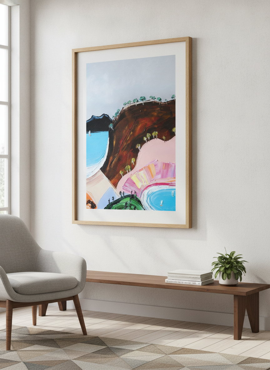 Modern wall art styled above a sofa in a neutral living room