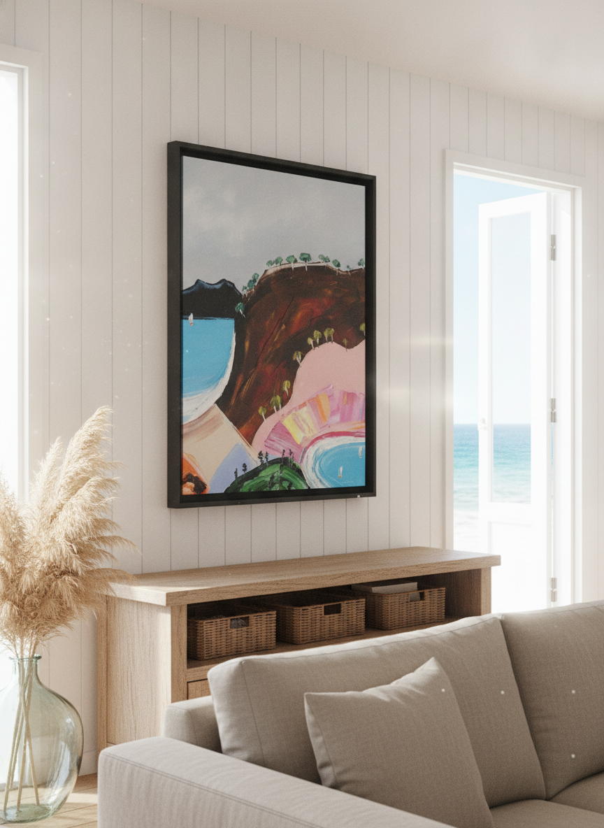 Neutral wall art displayed in a sunny coastal beach house