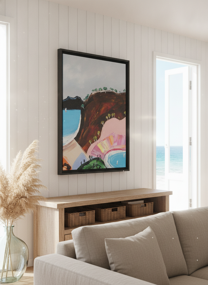 Neutral wall art displayed in a sunny coastal beach house
