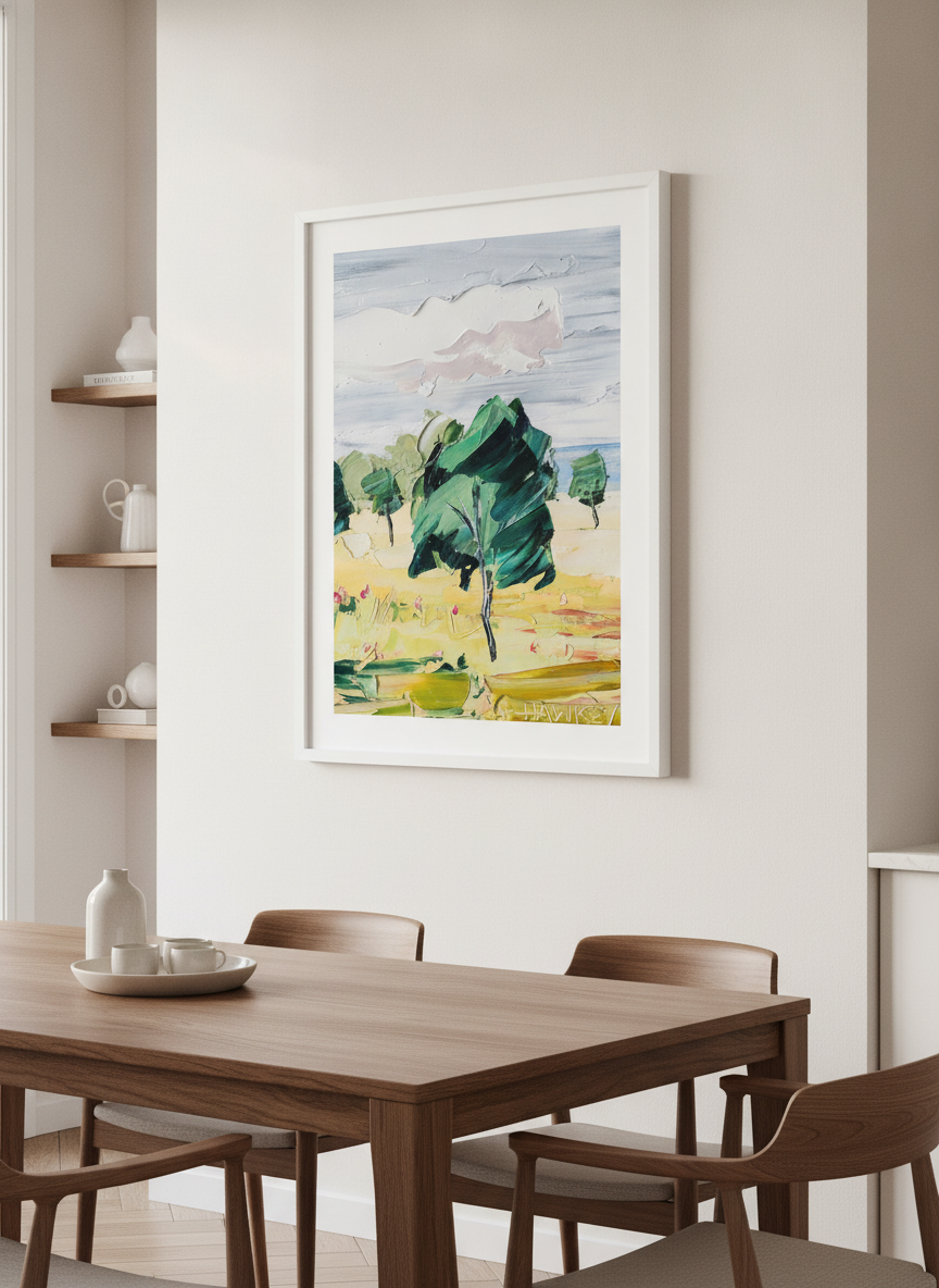 Wall art styled above a dining table in a contemporary home