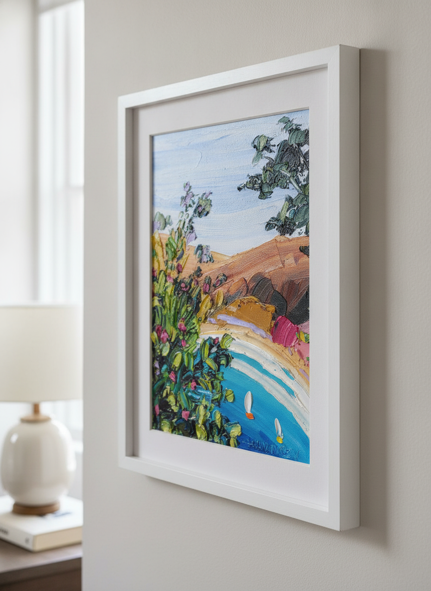 Minimalist artwork displayed in a calm, light-filled bedroom interior